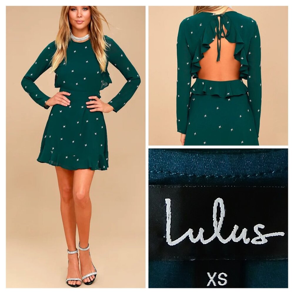 NWT Lulus Dress XS Counting Constellations Green Star Embroidered Open Back